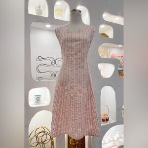 Vintage Handmade Pink & White Striped Ribbon Midi Sleeveless A-Line V Neck Dress